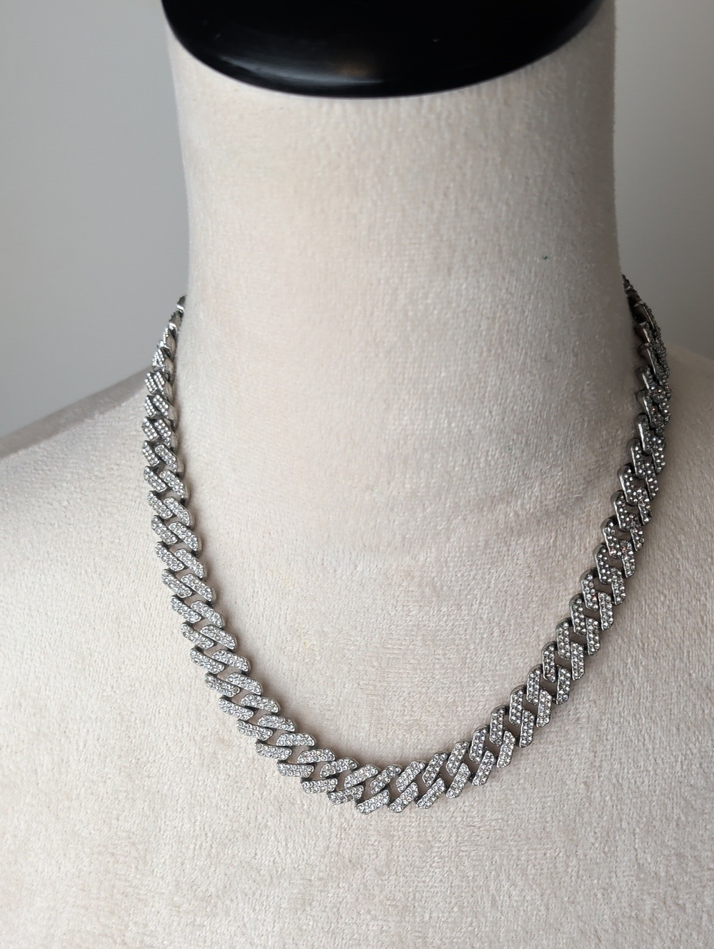 Vintage Pavé Rhinestone Cuban Link Choker Necklace Iced Out Silver Tone 16"